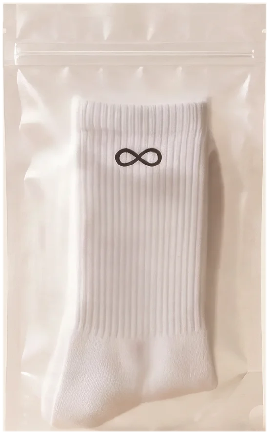 Infinity socks — white pair in a frosted zip pouch